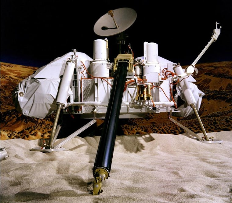The Viking 1 Lander, illustrated in this model, touched down on the western slope of Mars' Chryse Planitia (the Plains of Gold) on July 20, 1976.